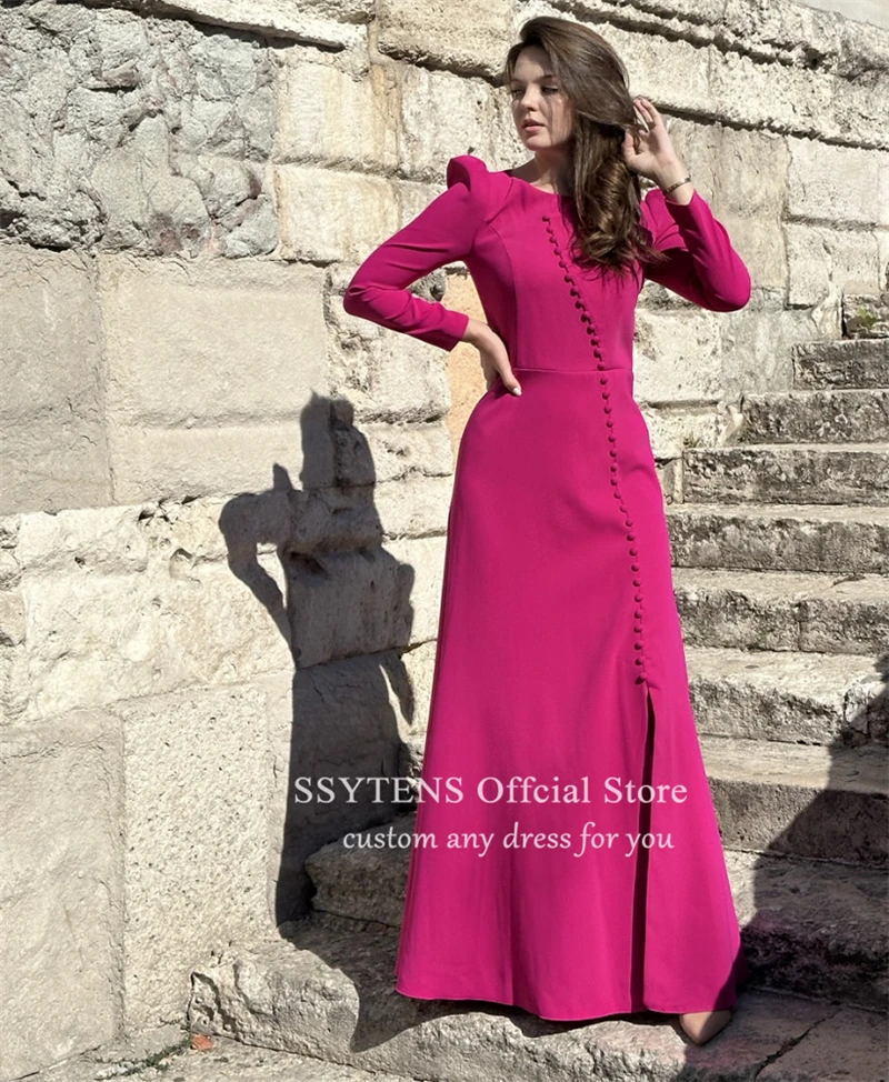 SSYTENS Casual Plum Red Dubai Arab Vintage Long A Line Evening Dresses Dress Side Slit O Neck Button Formal Prom Gowns For Women