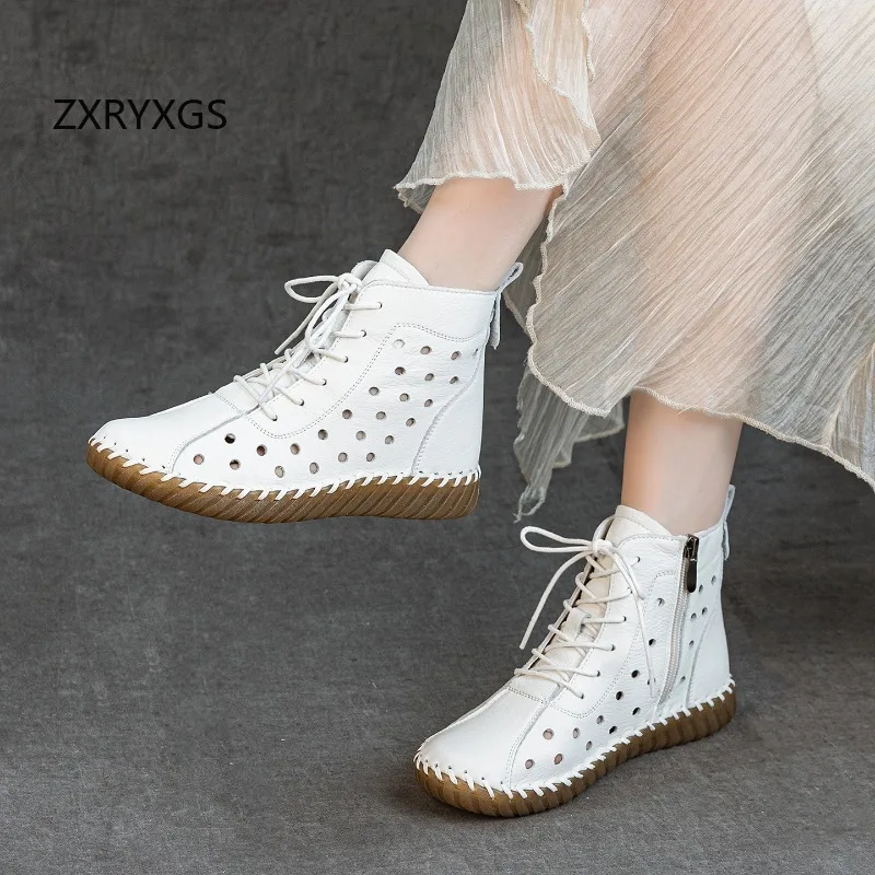 ZXRYXGS 2026 Premium Full Real Leather Hollow Spring Summer Boot Trend Shoes Flat Soft Sole Lac-up Women Breathable Boots Flats
