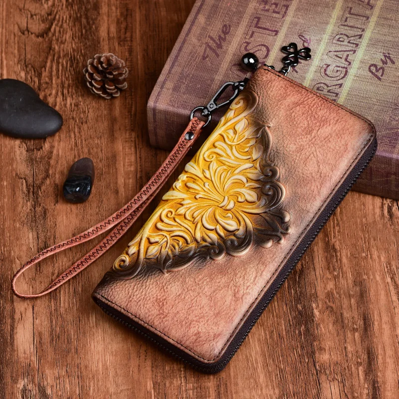 

New Style Women's Long Genuine Leather Wallet, Vintage Embossed Zipper Wallet, First-Layer Cowhide, Multi-Card Slot Clutch Bag, Women's Mobile Phone Bag