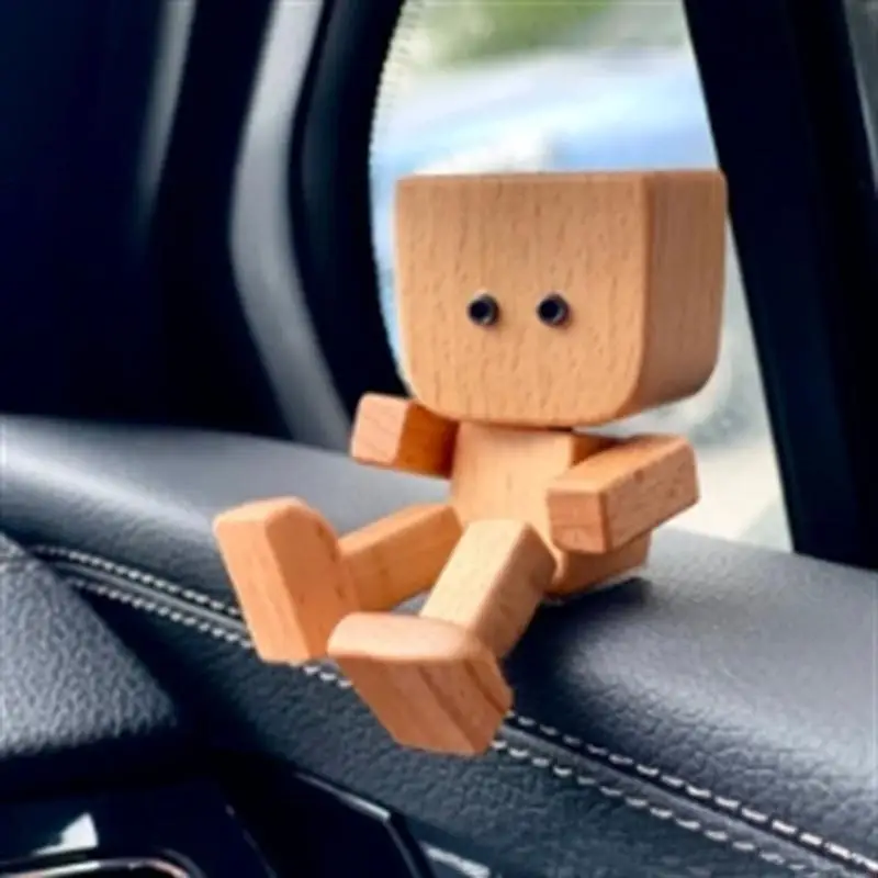 Swaying Wooden Man Figurine Car Ornament - Hand Carved with Magnetic Base, Head Shaking Stress Reliever for Dashboard & Desk, Cr
