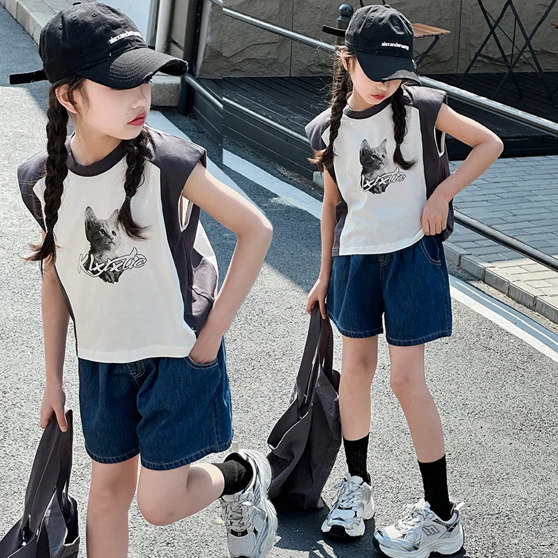 

summer enfant fille kids clothes teen girl shorts set Cartoon T-shirt+denim shorts 2pcs 4-14 short fille childer clothing outfit