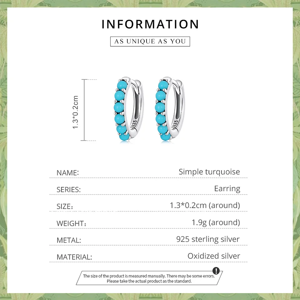 WOSTU European Vintage Natural Turquoise Hoop Earrings Solid 925 Sterling Silver Luxury Trendy Earring For Women Wedding Jewelry