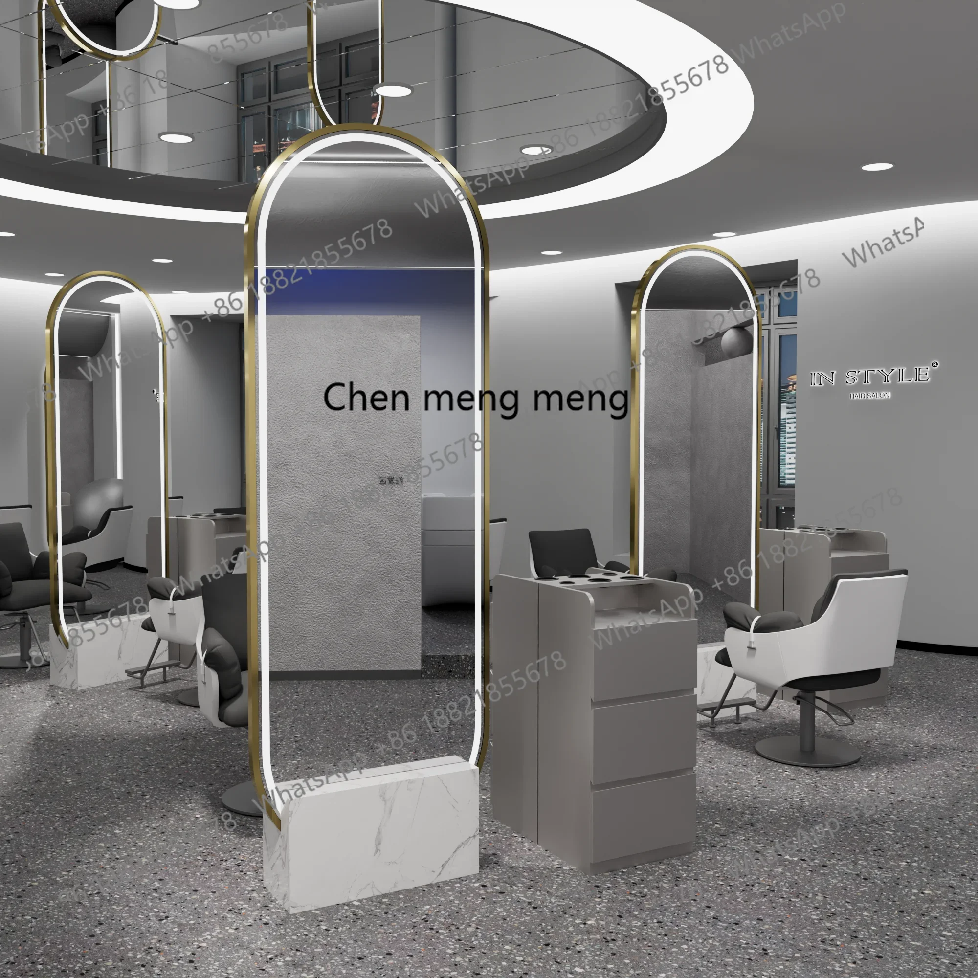 Hot sales Barber shop mirror table hair salon floor marble double-sided high definition mirror with lamp perm and dye full body