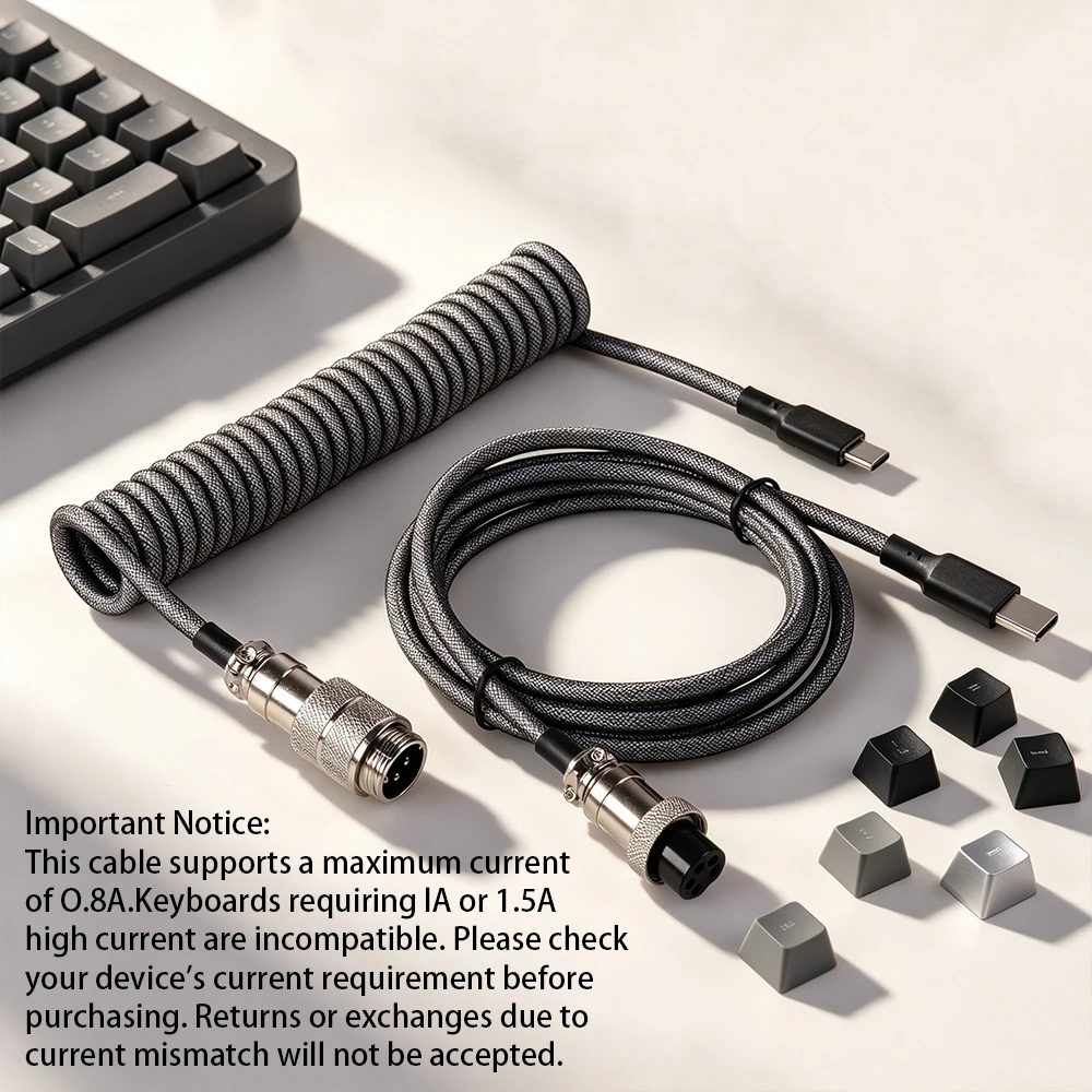 Type C To USB-A Mechanical Keyboard Cable Coiled Keyboard Cable Detachable Metal Aviator Double Sleeved Wire For Gaming Keyboard