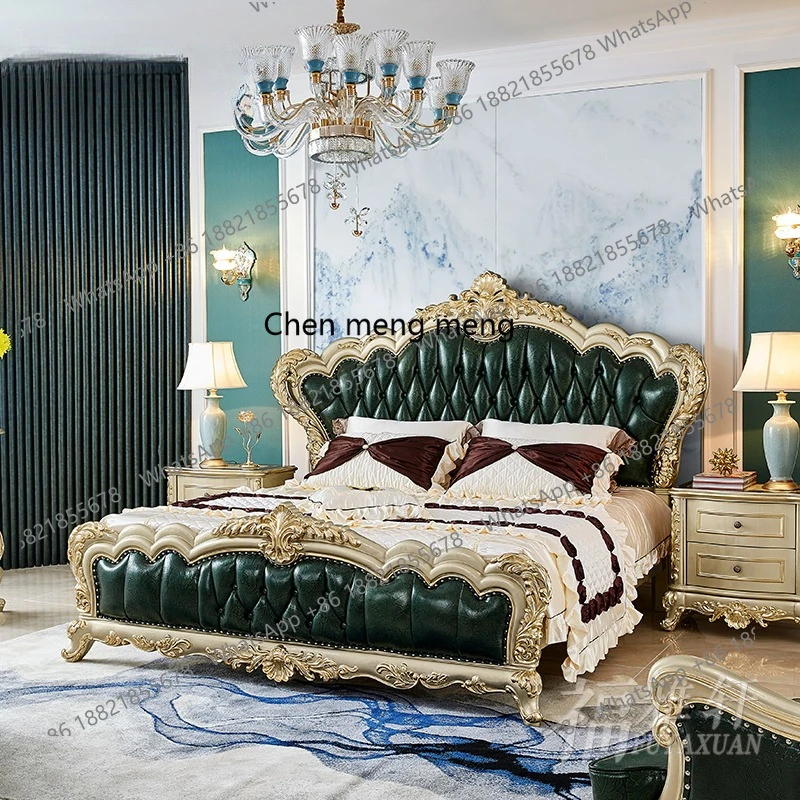

European Leather Bed 1.8m Solid Wood Carved Double Bed Villa Master Bedroom Deluxe 2m Champagne Gold Leather Bed