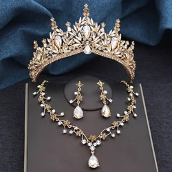 Baroque Wedding Crown for Bride 3-pack Tiara Earrings Necklace Bridal Jewelry Set Champagne Crystal Costume Party Birthday Gift