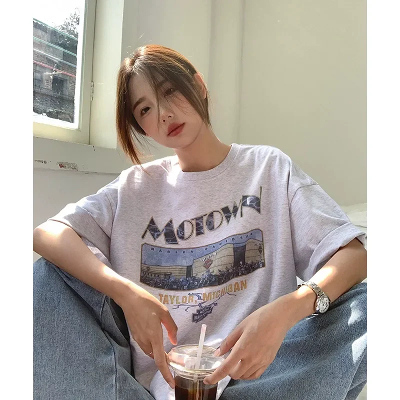 American Vintage Short Sleeve T-shirt Women Summer New Loose Casual Idle Sle Round Neck Half Sleeve Top