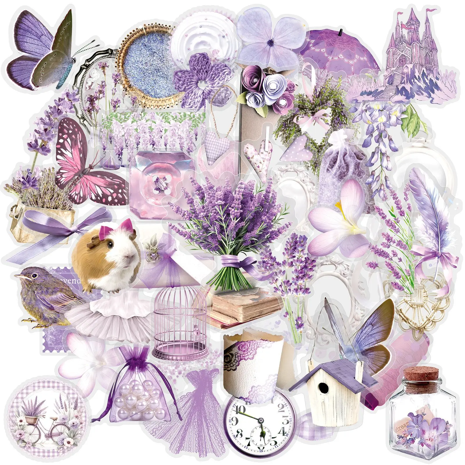 50 Pcs Fresh Purple Artistic Stickers Transparent PET Waterproof Decals for Desk Phone Luggage Journal Laptop Gift
