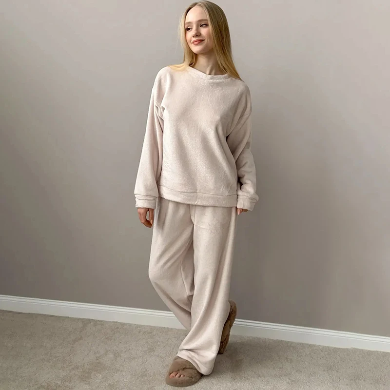 

Tornova Solid Flannel Pant Sets For Women O neck Long Sleeve Pajamas Home Wear Casual Loose Trousers Lady 2025 Autumn Winter New