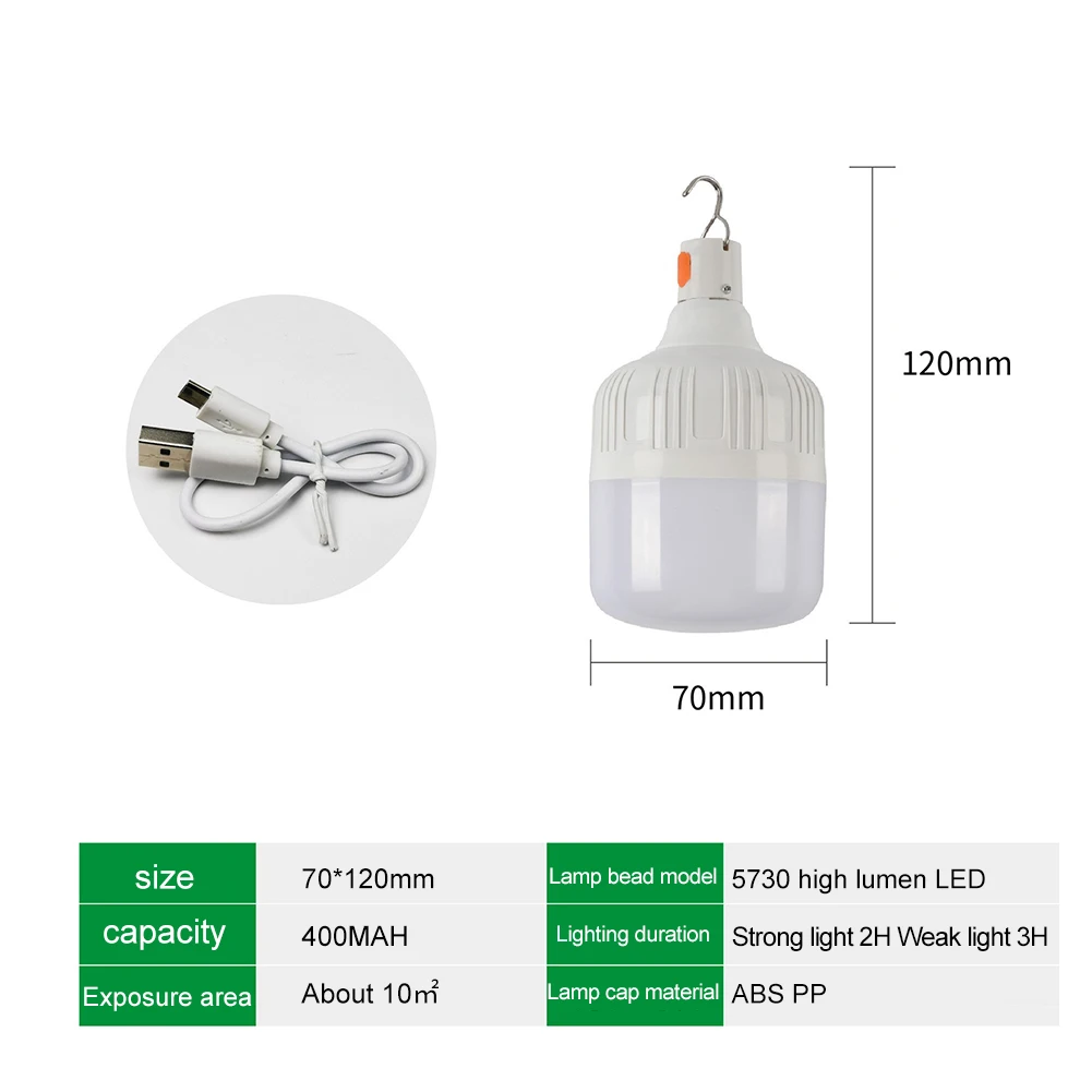 Outdoor USB Rechargeable LED Lamp Bulb 60W Emergency Light Hook Up Camping Fishing Portable Lantern Night Light