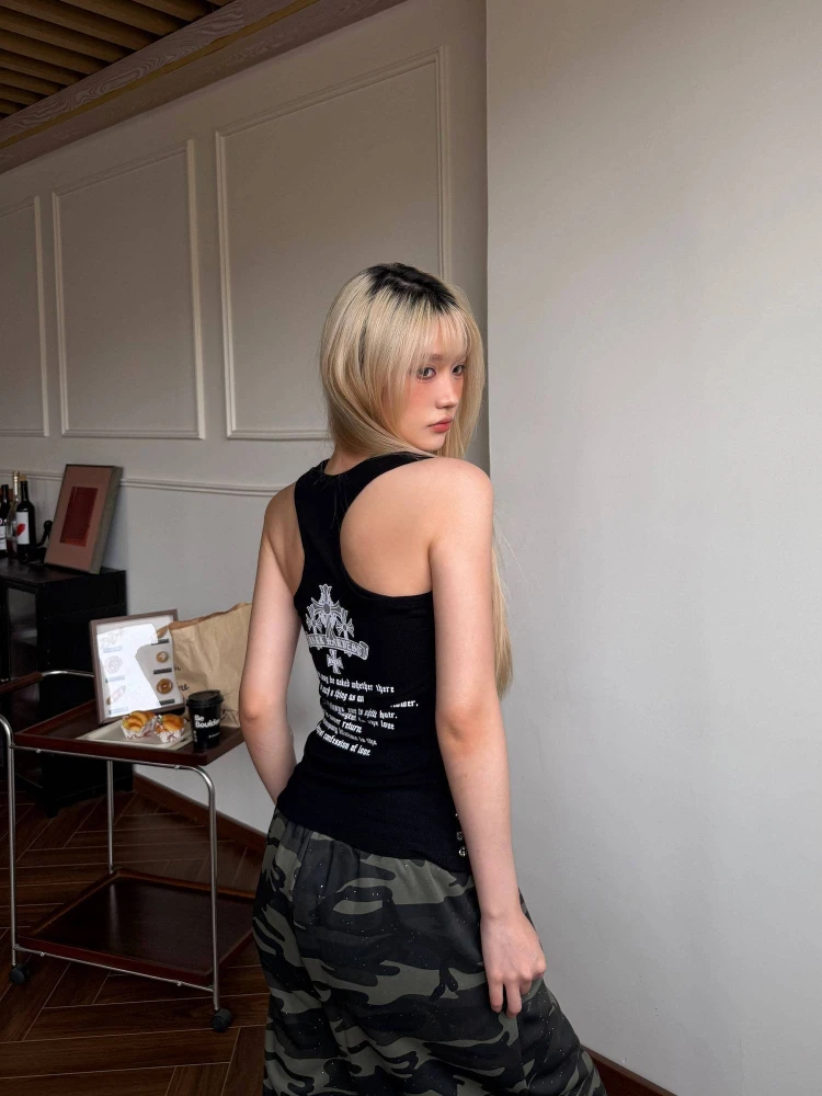 Women's 2026 Summer New American Vintage Printed Racerback Tank Top Slim Fit Sexy Hot Girl Baddie Going Out Y2K Streetwear