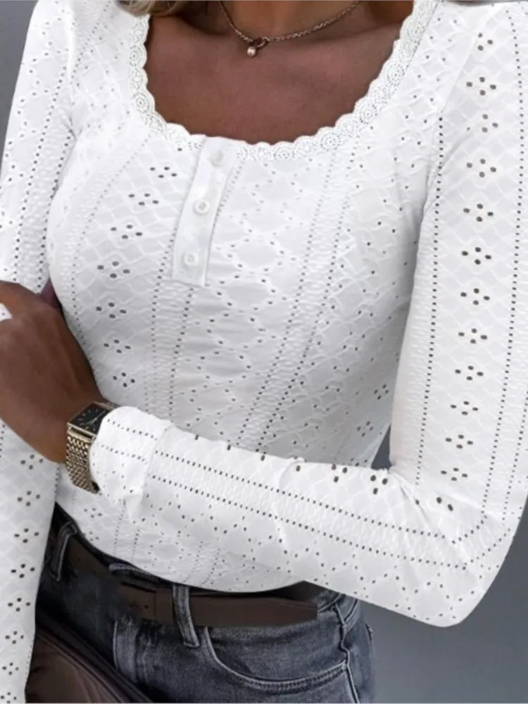 

Women's Fashion White Top T Shirt Casual Office Long Sleeve O Neck Tops T-Shirt For Women Elegant Womens Clothing Spring New