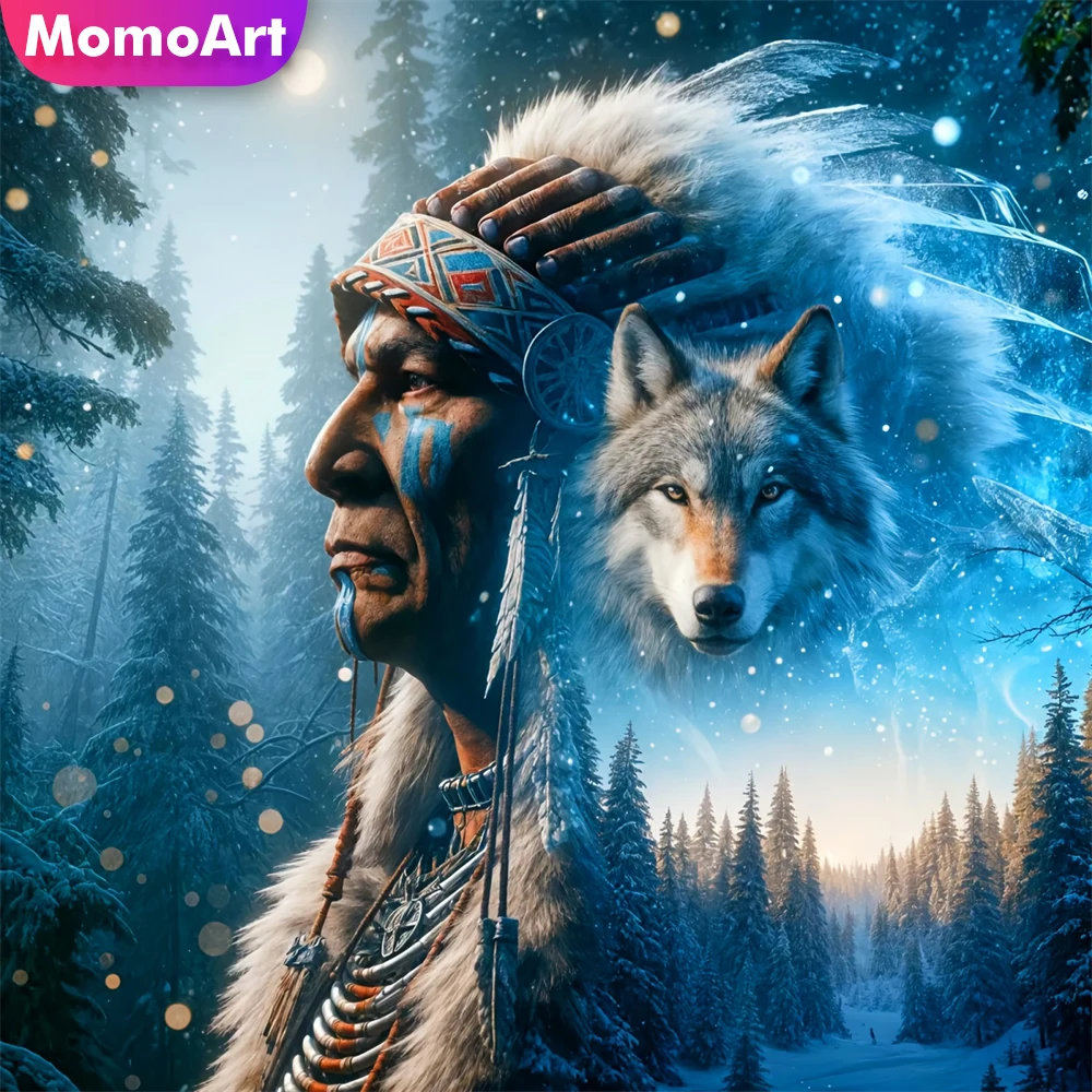 Momoart nova chegada pintura diamante homem retrato acrílico artesanato suprimentos mosaico lobo inverno imagem strass diy arte da parede