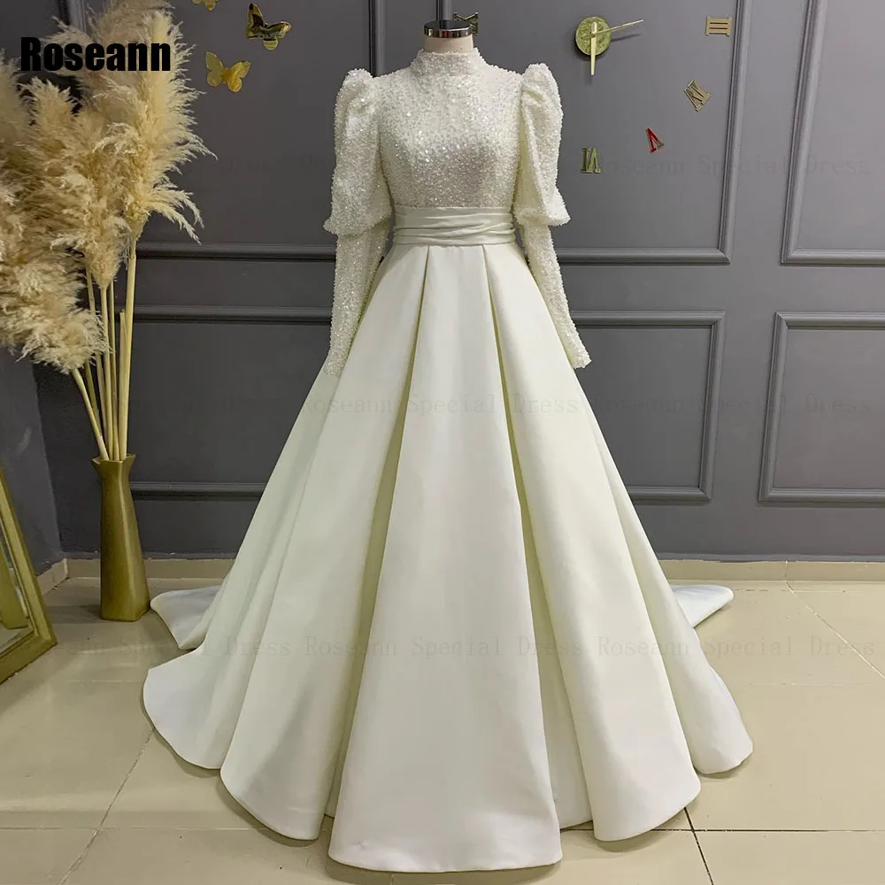 

Muslim Ivory 2024 New A-line Wedding Dresses Paillette Draped Pleat Satin Brush Train Floor Length Bride Dress robe de mariée