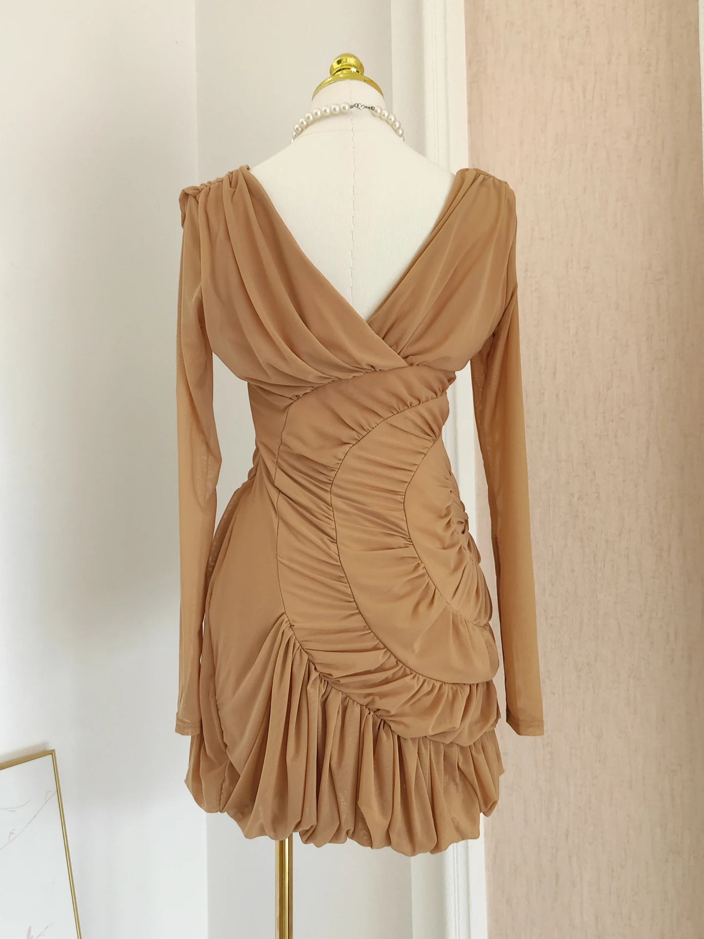 New Fashion Night Club Party Short Dress Luxury Design Long Sleeve Draped Mesh Birthday Dresses Evening Prom Celebrity Gowns