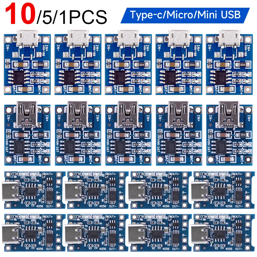 1-20PCS 1A 18650 Lithium Battery Protection Board Type-c/Micro/Mini USB Charging Module TP4056 With Protection One Plate Module