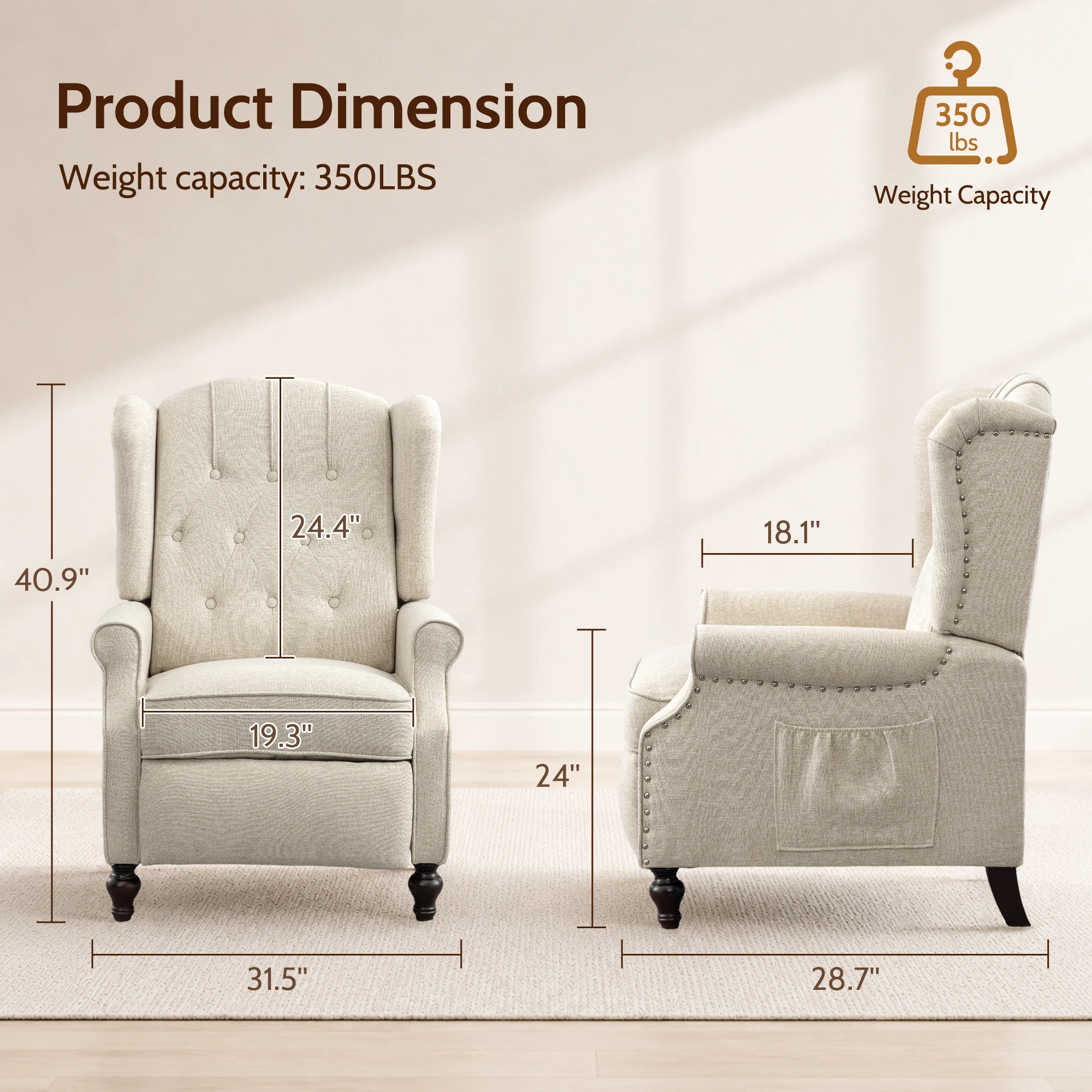 TCGBKAF Mid Century Wingback Pushback Recliner Armchair Massage & Heated Recliner Chair with Button-Tufted Back, Rivet Decoration and Solid Wood Legs for Living Room, Bedroom & Office