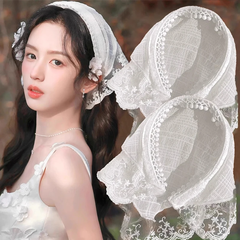 الدانتيل الفرنسي مثلث الشعر وشاح النساء الفتيات الربيع الصيف الكورية رباط شعر وشاح حلو عقال النساء فتاة الحجاب غطاء الرأس #3