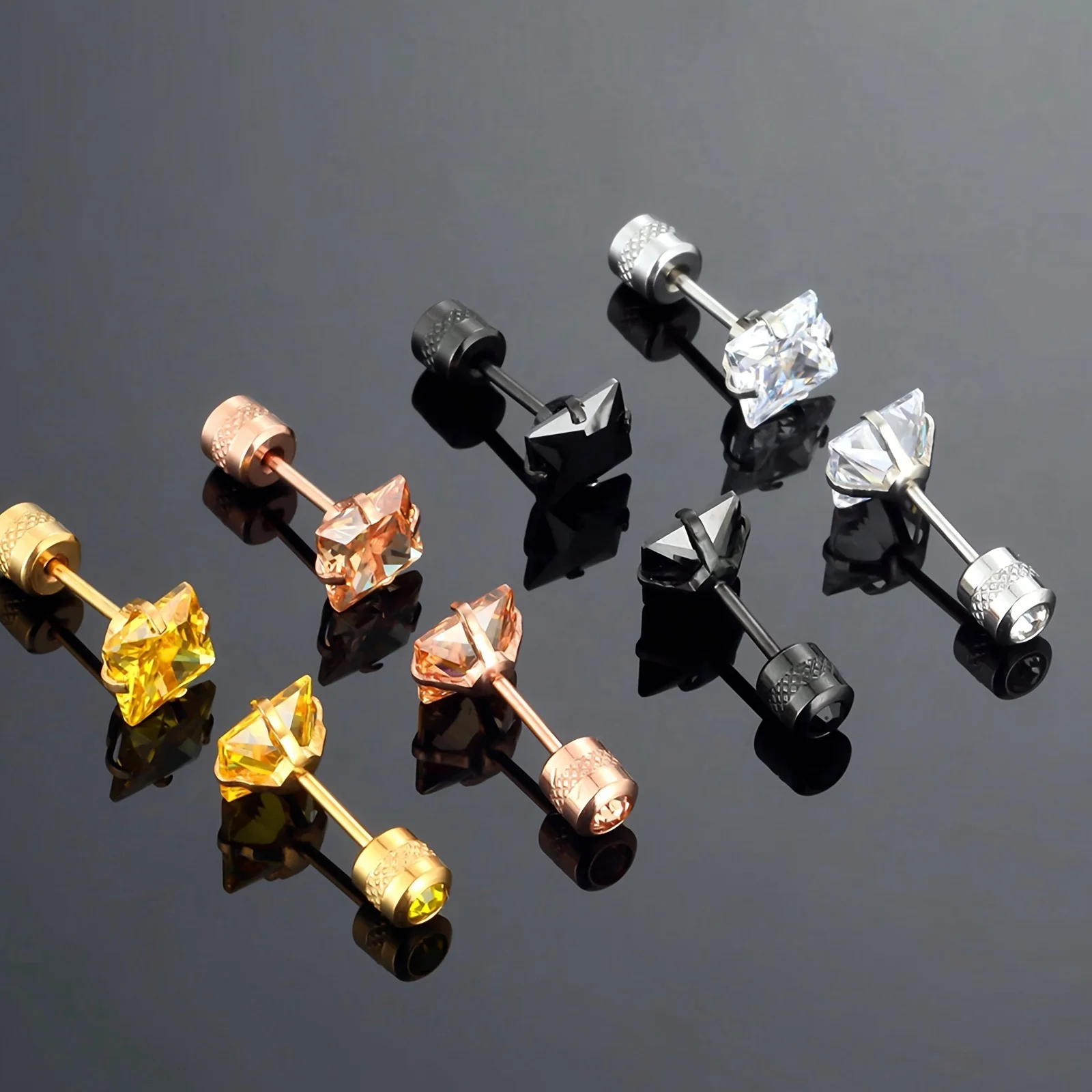 1/4 Pairs Stainless Steel Double Side Square Cubic Zirconia Screw Back Stud Earrings for Women Men Ear Piercing Jewelry 2-8mm