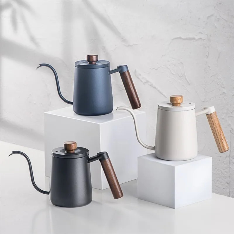 

350/600ml Hand Brewed Coffee Teapot With Solid Wood Handle Milk Foam Pot Swan Neck Kettle Stainless Steel Drip Coffee Maker Café