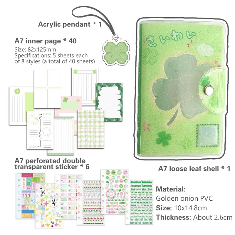 A7 Binder Four-Leaf Clover&Girl Glitter Pvc Removable Loose-Leaf Notebook Sticker Storage Book Pocket Notebook Portable