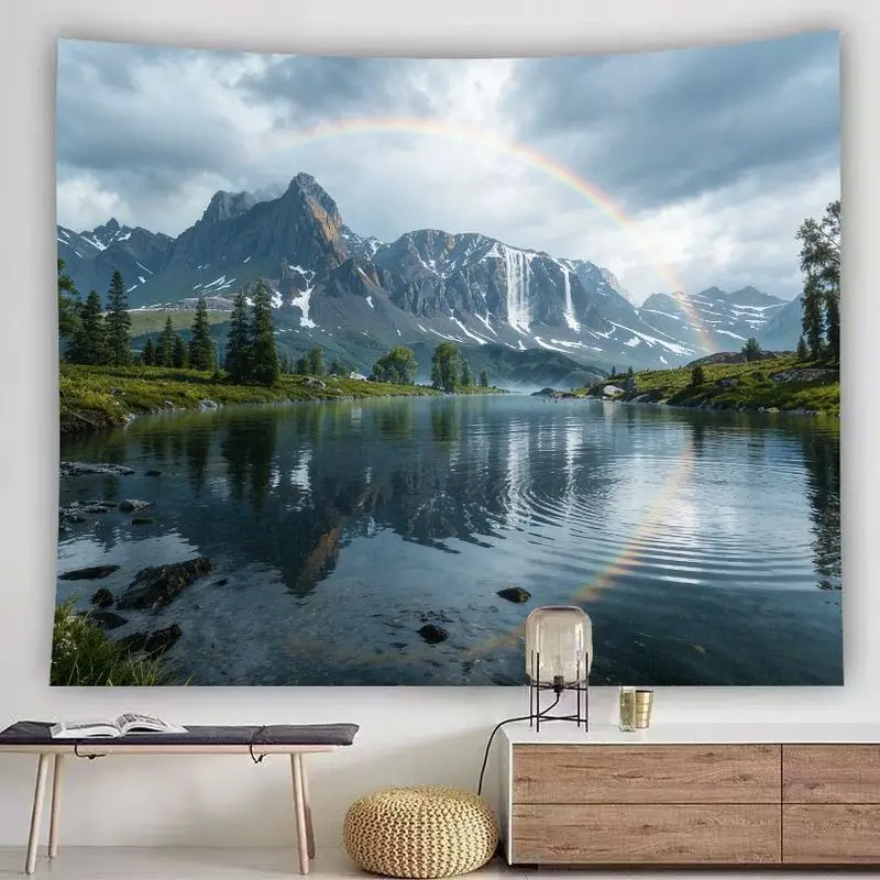 VIKAMA Natural Scenic Wall Tapestry, Rainbow Over Snow Mountain Lake Reflection Pine Tree Dorm Wall Art