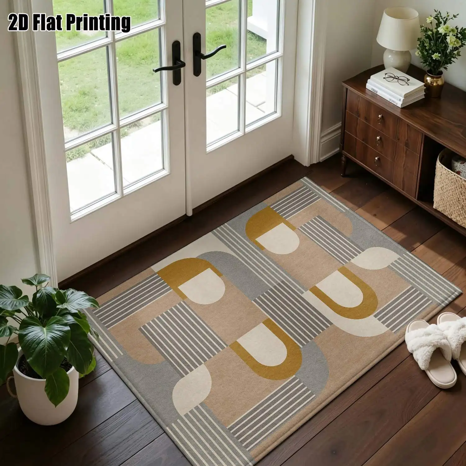 1Pc 2D Printed Nordic/Instagram-Style Geometric Brown-Grey Carpet, Modern Minimalist Home Decor Mat, Multi-Size, Machine Washable, for Entryway, Living Room, Bedroom, Dining Room, Foyer