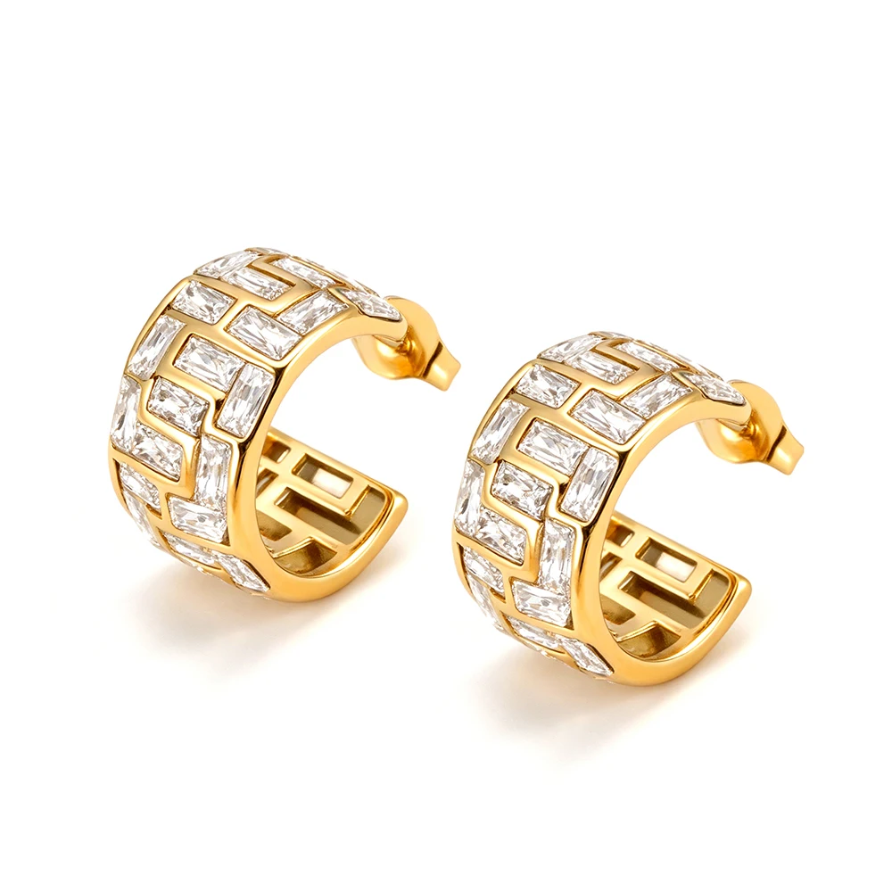 JeeMango Vintage Rectangular Cubic Zirconia C-shaped Hoop Earrings Gold Plated Stainless Steel Chunky Jewelry for Women E26169