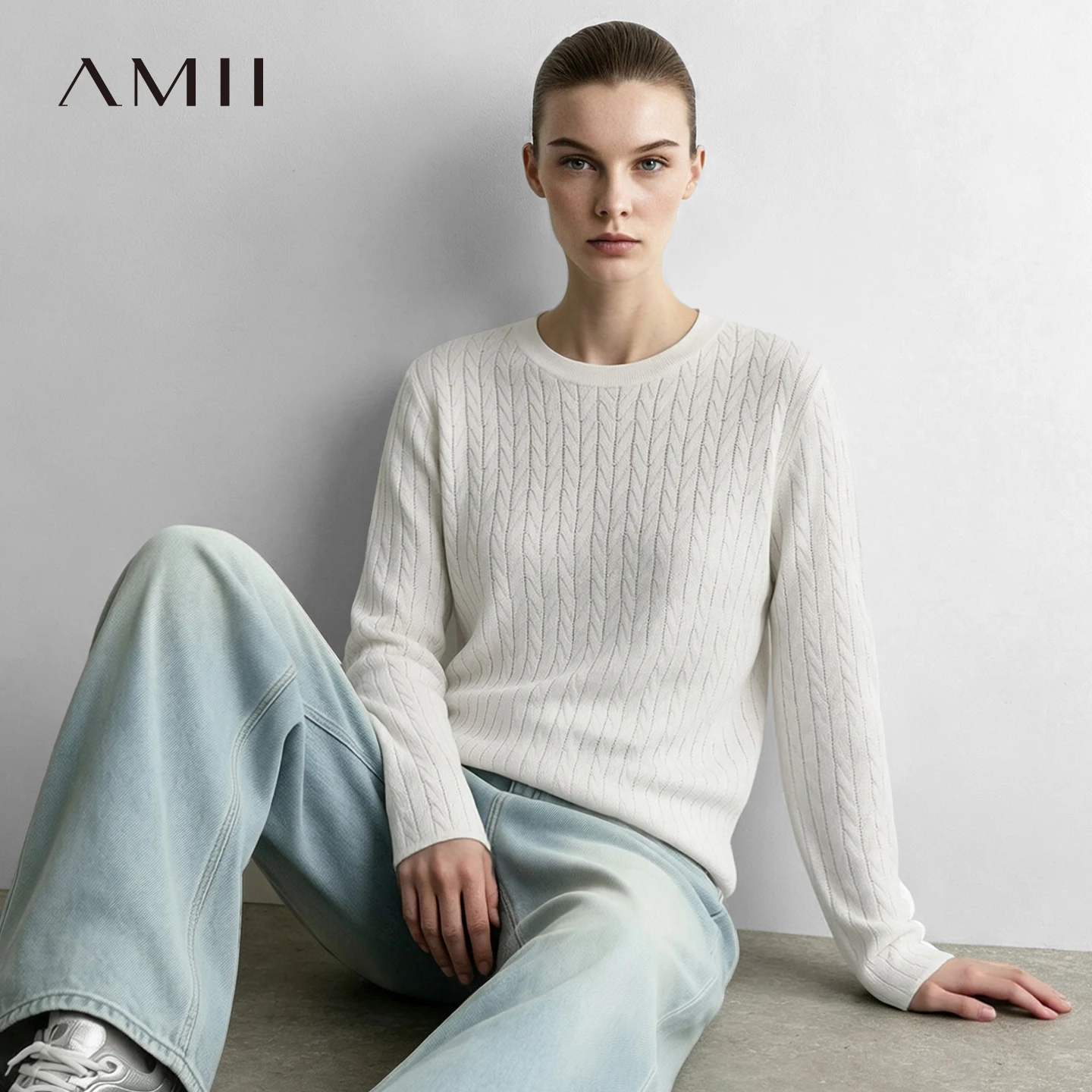 Amii Women's Sweater Crew Neck Hollow Out Knit Tops Minimalist Versatile Slimming Casual Sweaters for Women 2026 Autumn 12643110