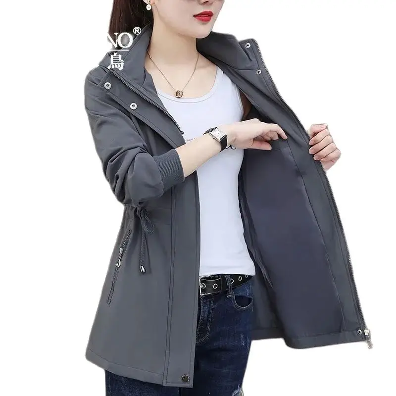 Lining Have Pocket Trench Coat Women's Spring And Autumn Mid-Long Coat Women's Fashionable Printed outerwear Hooded Basic Coat