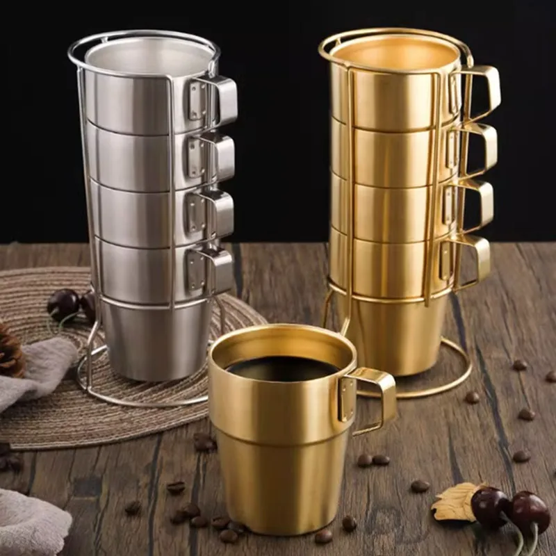 Double-walled Coffee Cup Set 304 Stainless Steel Mugs Coffee Cups Pack 6 Cups Tea Cups Outdoor Heat Insulation Anti-scalding