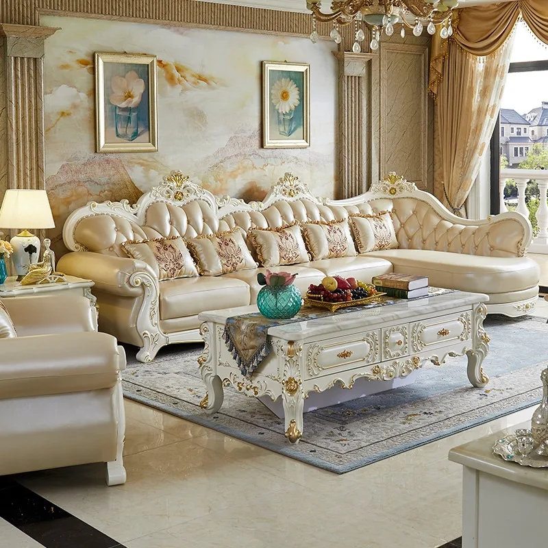 Can Be a Full Set with European Furniture Combination Solid Wood Carving Frame Leather Sofa Set