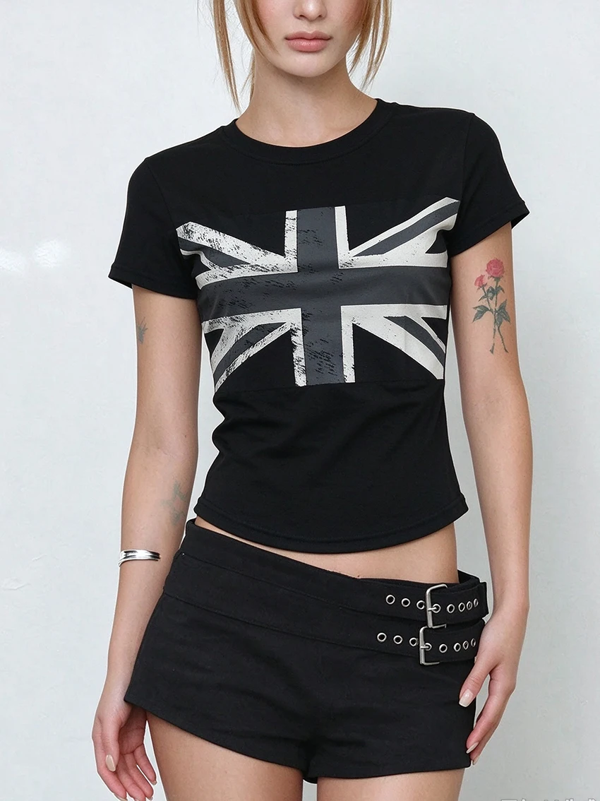 Y2K Street Women Distressed Union Jack Print Baby Tees Short Sleeve Crew Neck Slim Cropped Tshirt Fashion Streetwear Casual Tops