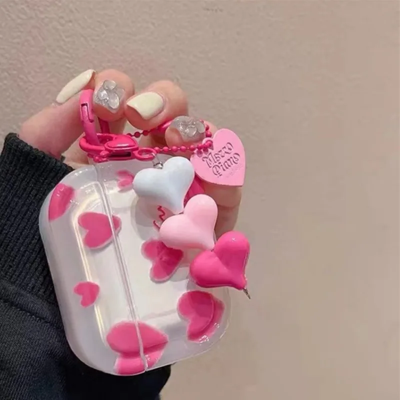 하트 패턴 에어팟 케이스, 에어팟 1, 2, 3 프로, 2 세대 케이스, 펜던트 키체인, 여성