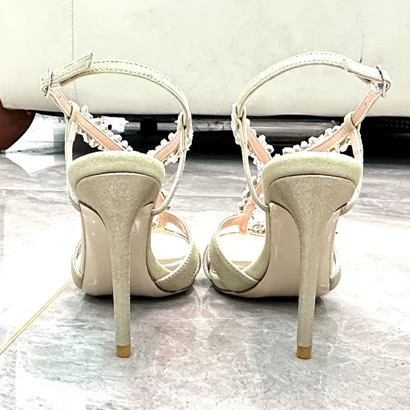 Summer New Round Head Crystal One Word Buckle Sexy Light Luxury Sandals Banquet Dress Small Size Stiletto High Heels Women Shoes