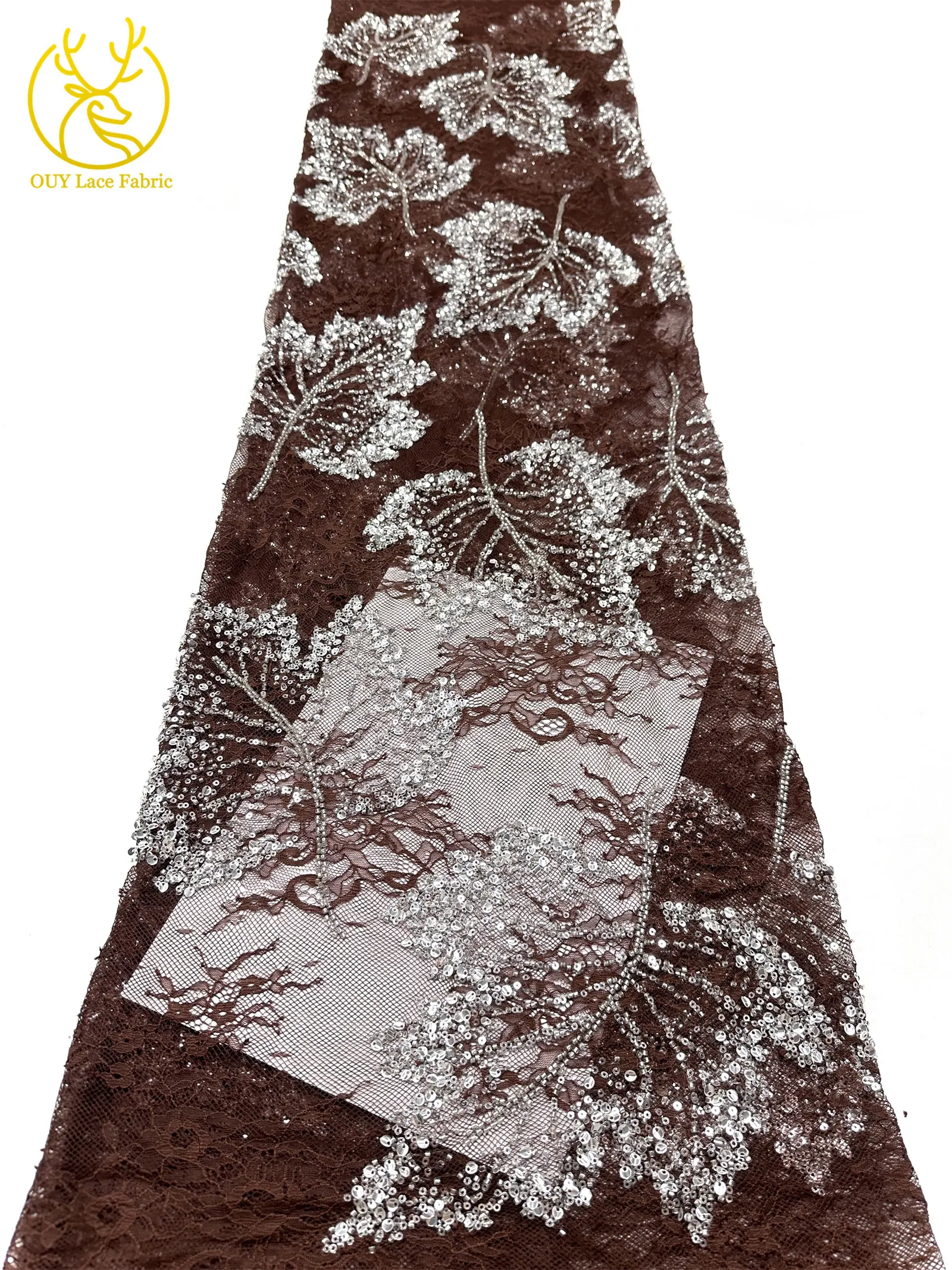 Weinroter afrikanischer bestickter Perlen-Spitzenstoff, 5 Yards, französisches Blattmuster, Pailletten-Tüll-Spitzenstoff für Hochzeits- und Partykleider – Detail 25