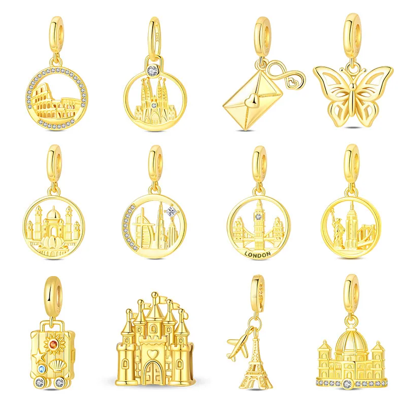 2026 New 925 Sterling Silver Holiday Building Charms Pendant CZ Zircon Dangle Fit 3mm Original Bracelet DIY Women Jewelry Gifts