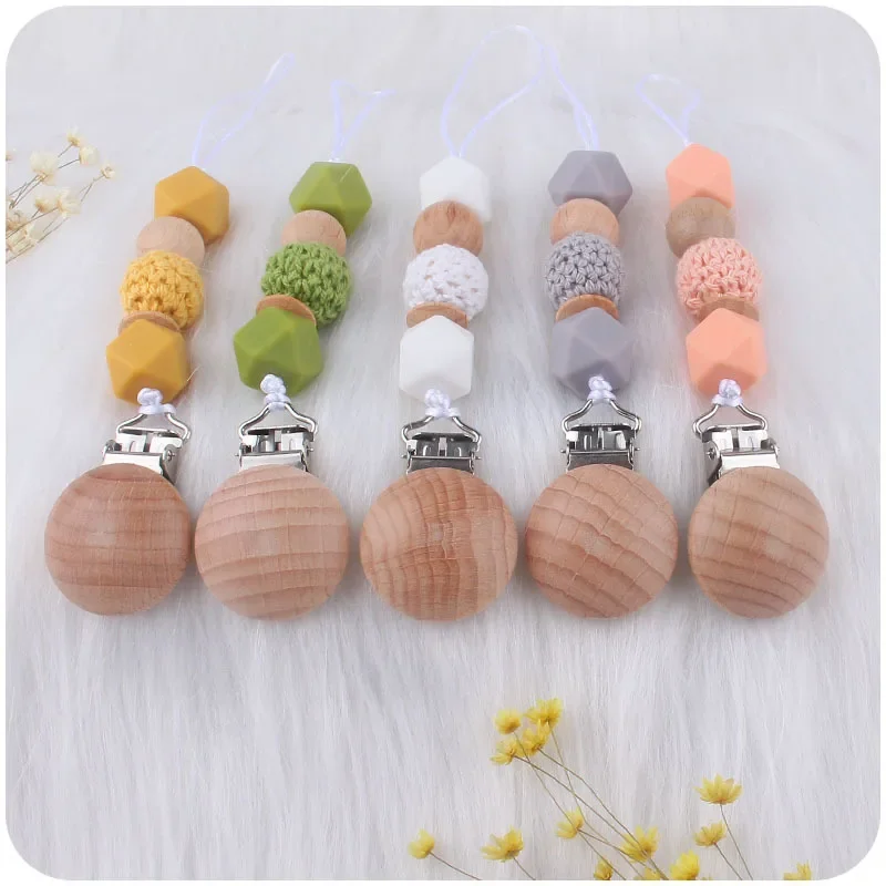 Kissteether Infant and Toddler Products Beech Wood Clips Soothe Babies, Silicone Octagonal Beads To Prevent Chains Falling Off