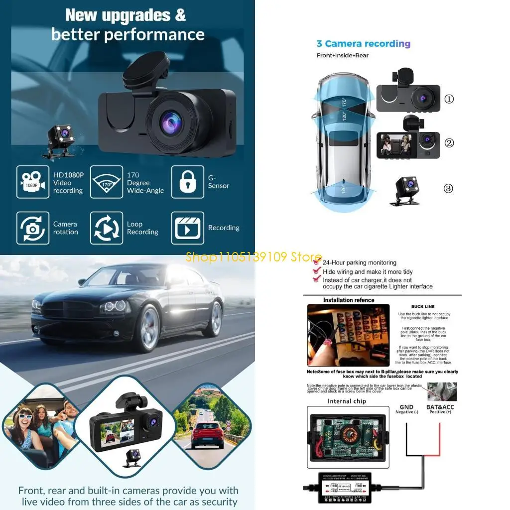 

1080P DashCam Car DVR Front & Rear & Inside 3-Lens Camera,with NightVision G-sensor Loop Recording DVR Camera,New Year Gift