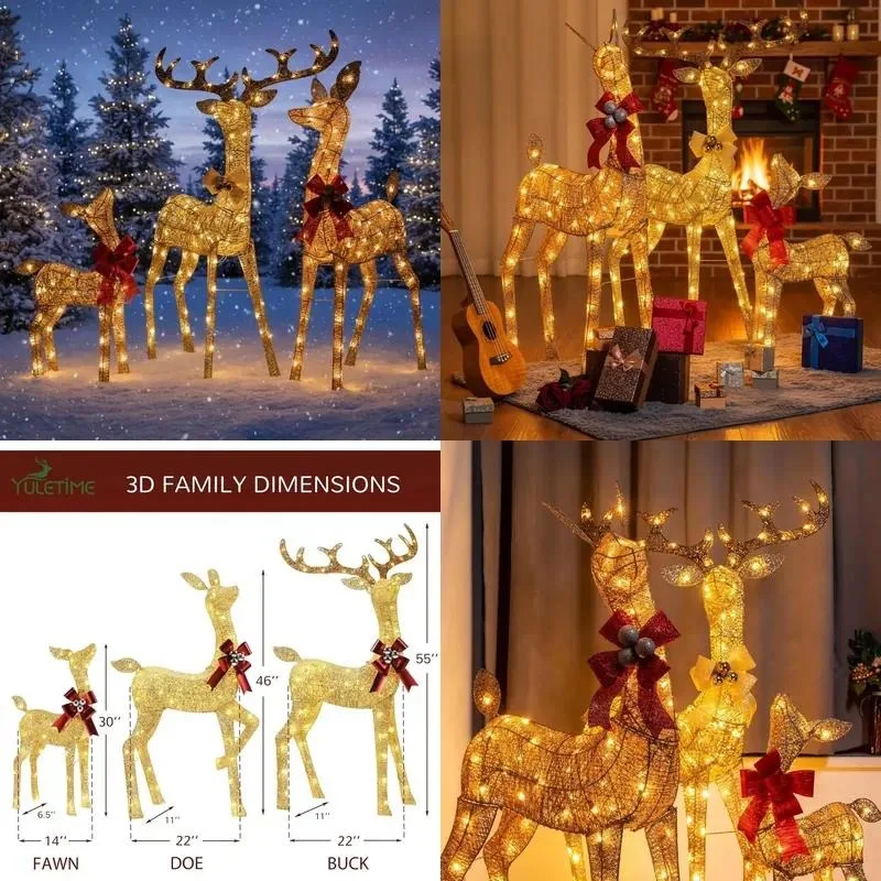 22-Inch Warm White LED Light 3-Piece Set Pre-installed Light 3D Christmas Reindeer Home Glow Glitter Outdoor Holiday