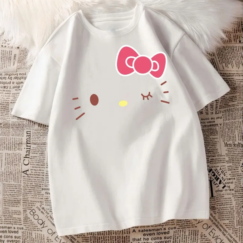 

Kawaii Hello Kitty Short Sleeves Cotton T-Shirt Sanrio Anime Oversize Tops Summer Graffiti Loose Personality Sweet Girls Student