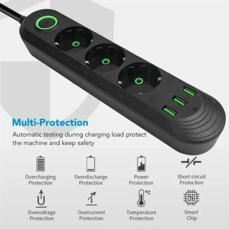 2500W EU Plug AC Outlet Multitap Power Strip 2m Extension Cord Electrical Socket USB Type C Fast Charging Home Surge Protector