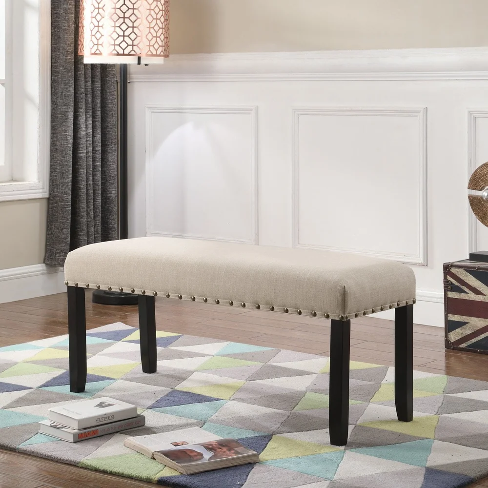 

Wood Dining Bench Foam Padded Seat Upholstered Fabric Nailhead Trim Indoor Seating Two Espresso Finish Assembly Required