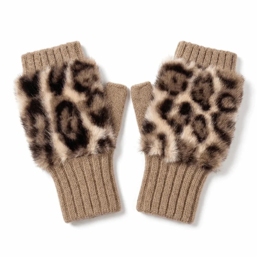 Fashionable Warm Fingerless Gloves Short Style Soft Plush Half-Finger Gloves Knit Polyester Leopard Print Gloves Daily Wear