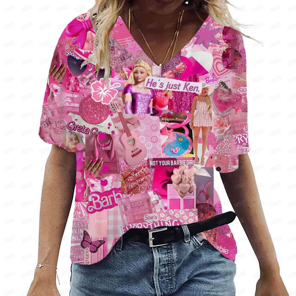 2024 New Genuine Men's and Women's T-shirts Short sleeved Barbie Cartoon Spring/Summer Leisure V-neck Printed Top