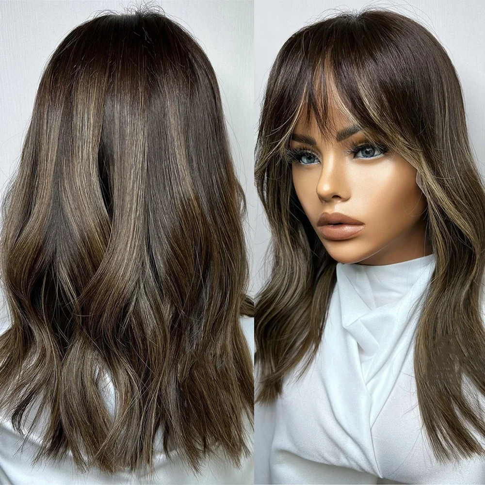 Glueless Highlight Brown 26'' Long Wave 5x5 Silk Base Jewish Human Hair Wig Bangs Baby Hair HD Lace European Hair Preplucked