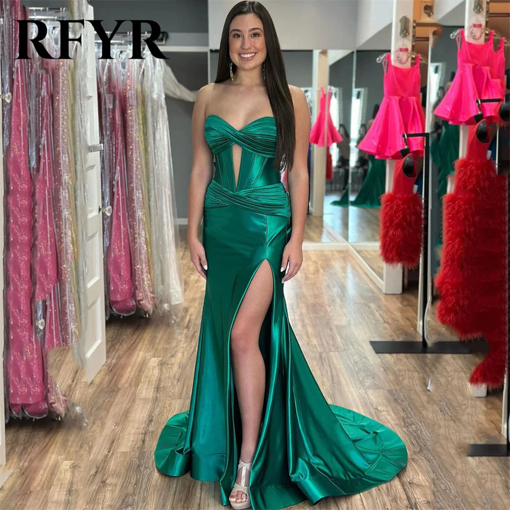 

RFYR Green Mermaid Stain Prom Dress Sweetheart Cut Out Evening Dresses Sleeveless Sexy Party Dress with Side Split Customized