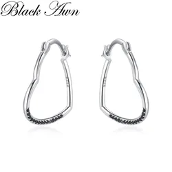 Black Awn 2026 New Heart Hoop Earrings For Women Classic Silver Color Trendy Spinel Engagement Fashion Jewelry I269
