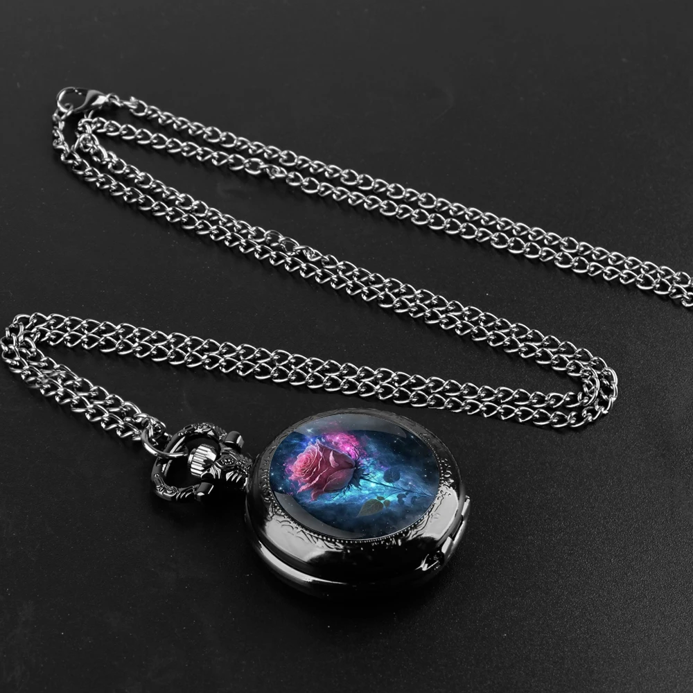Orologio da tasca al quarzo nero con cupola in vetro rosa rosa con quadrante con numeri arabi e catena resistente, regalo retrò per uomo e donna