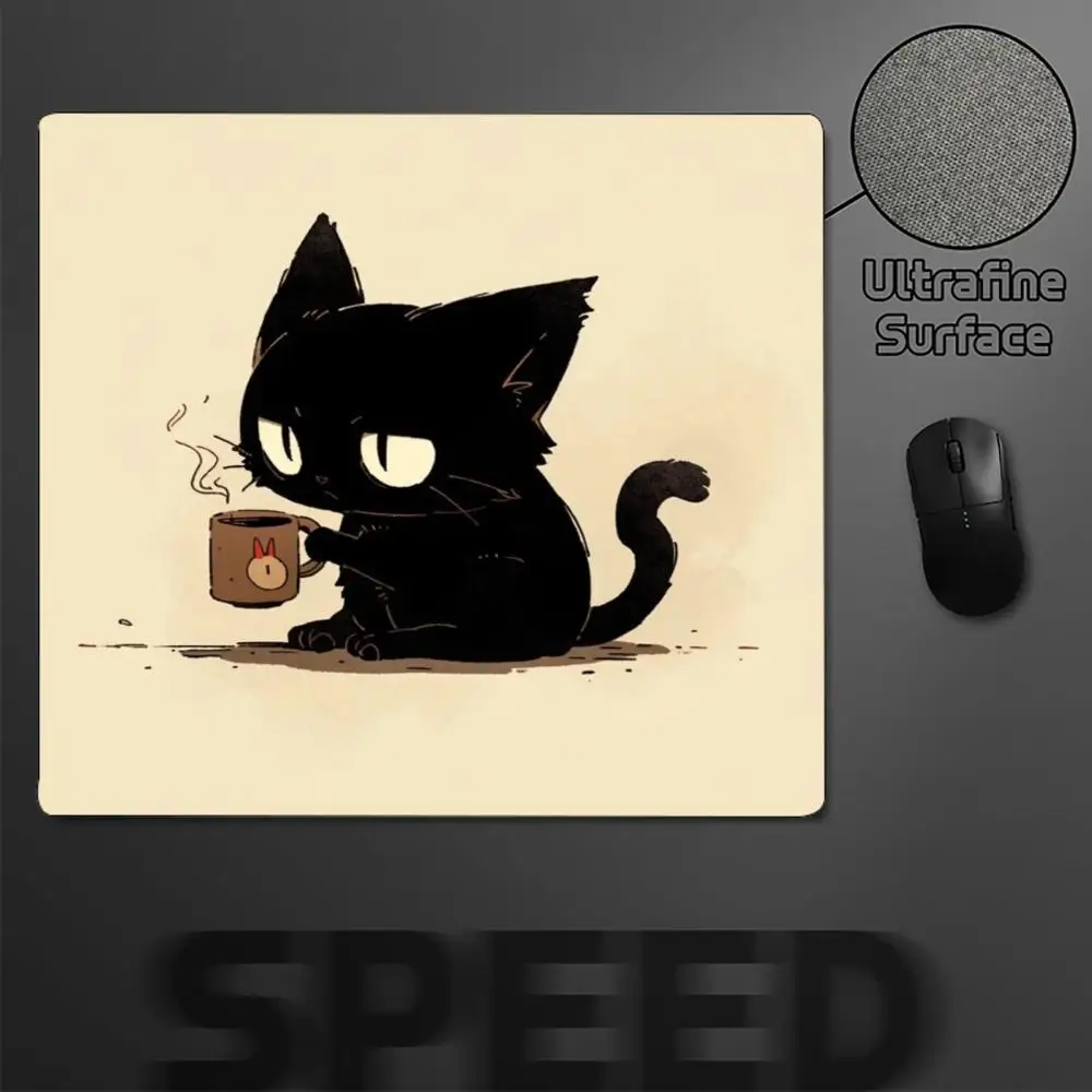 Cute Black Cat Square Gaming Mouse Pad, Non‑Slip Rubber Cartoon Kitten Coffee Pattern Keyboard Mat for Laptop Computer Gaming